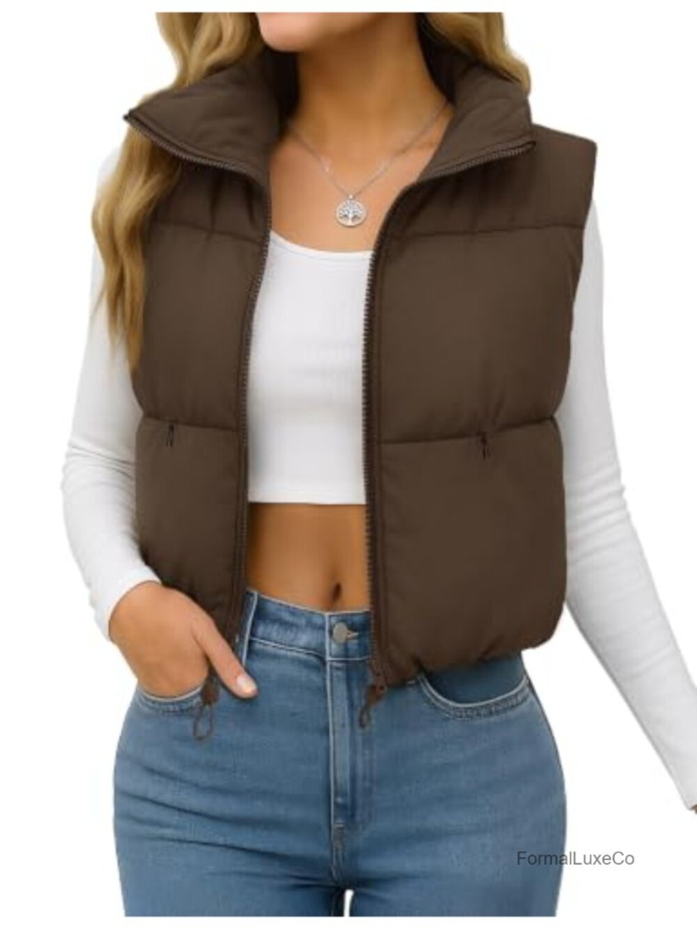 Women's Cropped Puffer Vest Lightweight Padded Sleeveless Zip Jacket